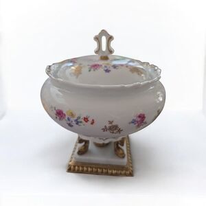 Reichenbach German Porcelain Lidded Bowl Floral Gold Footed Trinket Dish Vintage